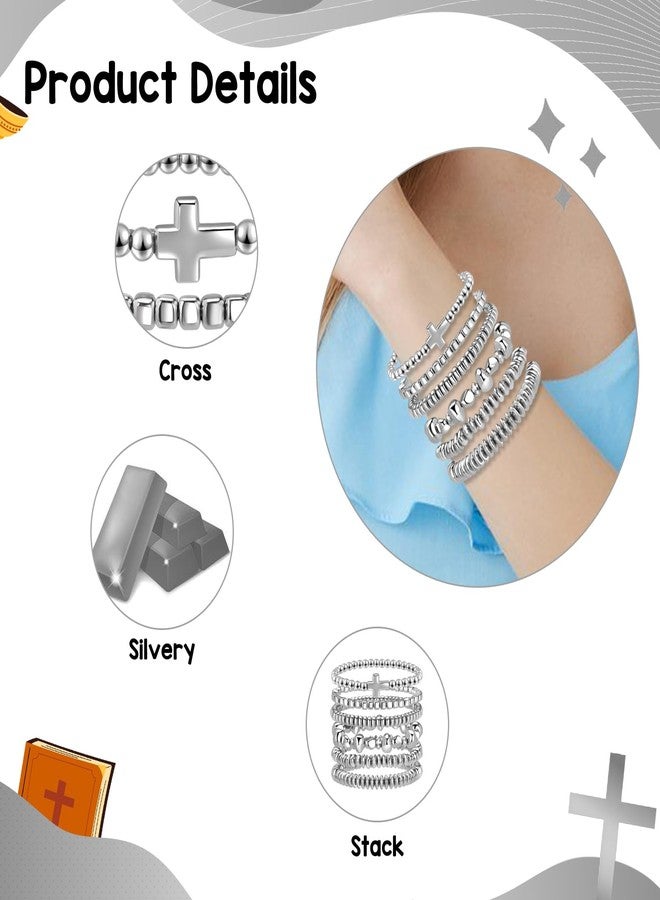 Joyline Religious Christian Gifts for Women Non Tarnish Stackable Stretch Cross Bracelets Elegant Catholic Jewelry for Baptism, Birthday, Mother's Day (Silver) - Image 3
